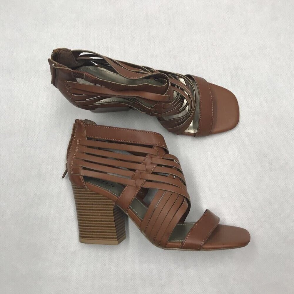 A.n.a Wilson Strappy Sandals Womens 6.5M Brown 762401 High Block Heel Zip Back